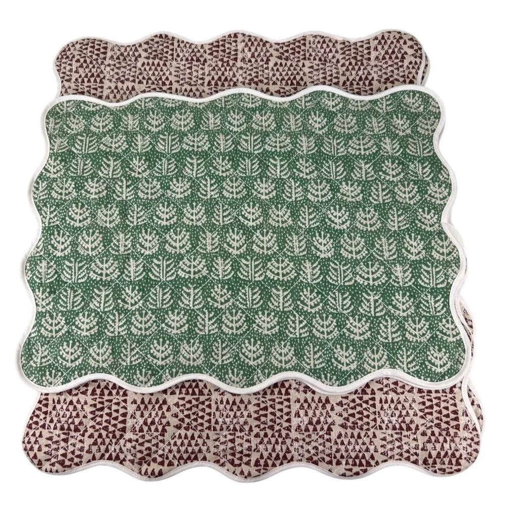Threshold Reversible Fabric Placemats Scalloped Edge Green Maroon Set 6 NWT